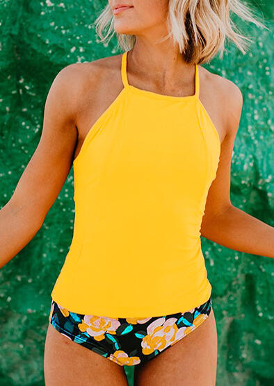 

Floral Tie Cross High Waist Tankini, Yellow, 441415