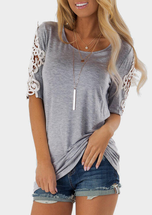 

Solid Lace Floral O-Neck Blouse without Necklace, Gray, 441450