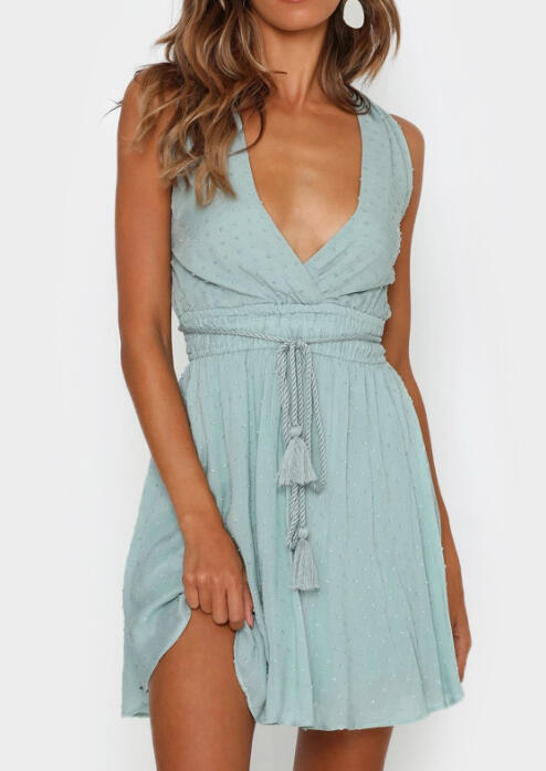 

Solid Deep V-Neck Mini Dress, Cyan, 441594
