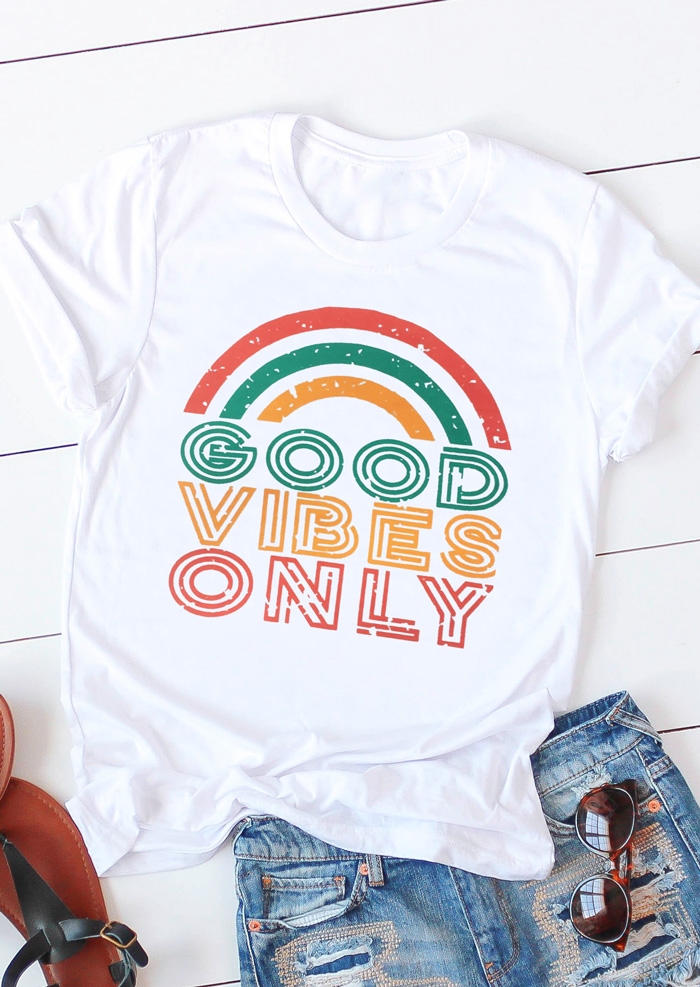 

Tees T-shirts Good Vibes Only Rainbow T-Shirt Tee in White. Size