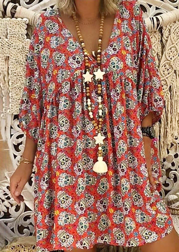 

Skull Floral V-Neck Mini Dress without Necklace, Black;orange, 441170