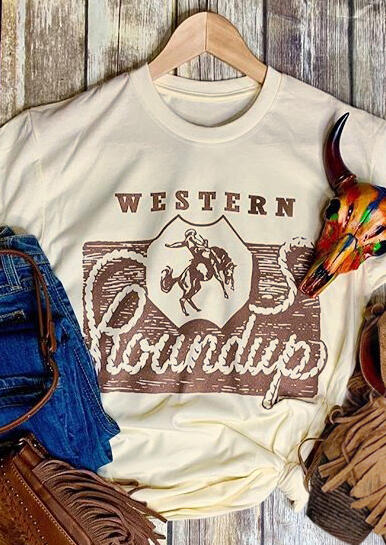 

Western Roundup O-Neck T-Shirt Tee, Apricot, 441307