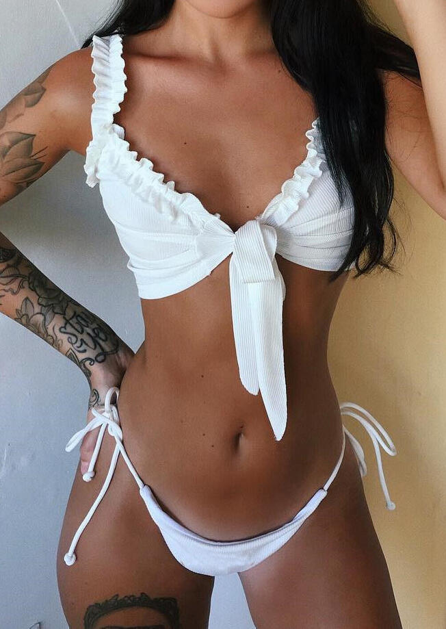 

Solid Ruffled Tie Sexy Bikini Set, White;red;yellow, 441677