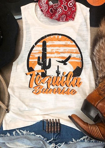 

Tank Tops Tequila Sunrise Cactus Tank in White. Size