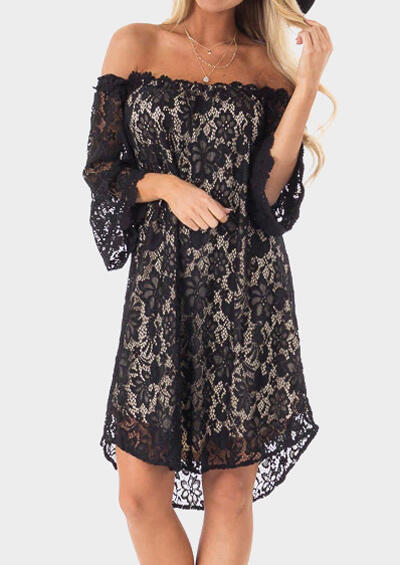 

Solid Lace Floral Off Shoulder Lace Dress without Necklace, Black, 441892