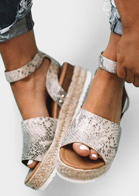 

Snake Skin Printed Buckle Strap Wedge Sandals, Light grey, 442005