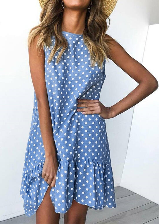 

Polka Dot Ruffled Mini Dress, Blue, 441887