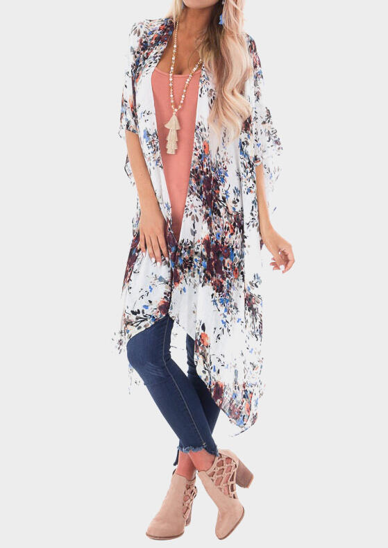 

Printed Batwing Sleeve Cardigan without Necklace, White, 442144