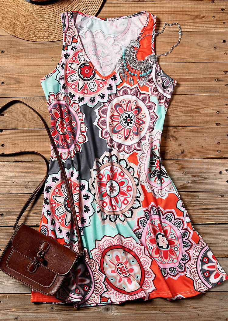 

Mandala Printed V-Neck Mini Dress, 442260, Red