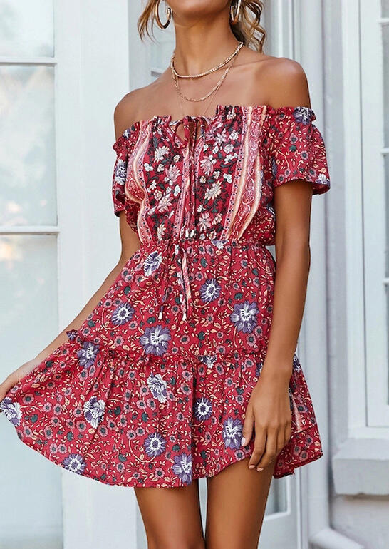 

Mini Dresses Floral Tie Off Shoulder Mini Dress without Necklace in Red. Size