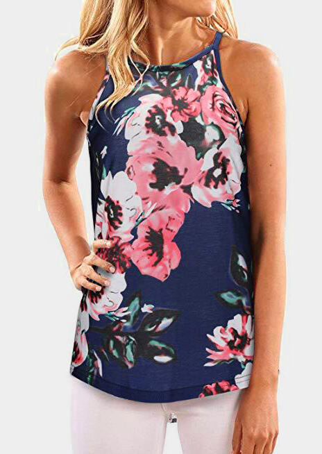 

Floral Printed Casual Tank, Blue, 442384