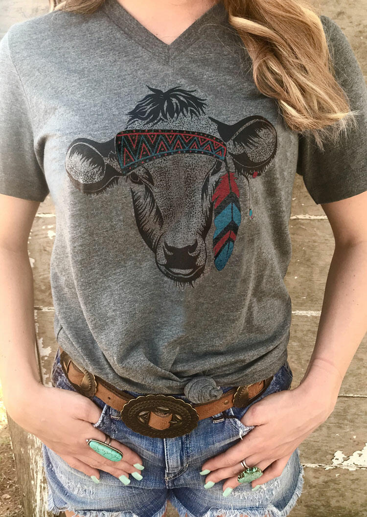 

Tribal Steer Skull V-Neck T-Shirt Tee - Gray, 404228