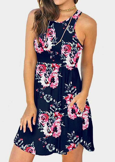 

Floral Pocket Sleeveless Mini Dress without Necklace, Deep blue, 441993
