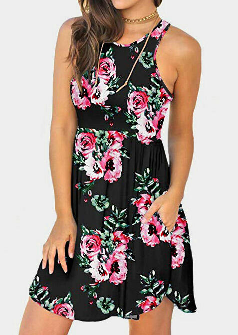 

Floral Pocket Sleeveless Mini Dress without Necklace, Black, 441994