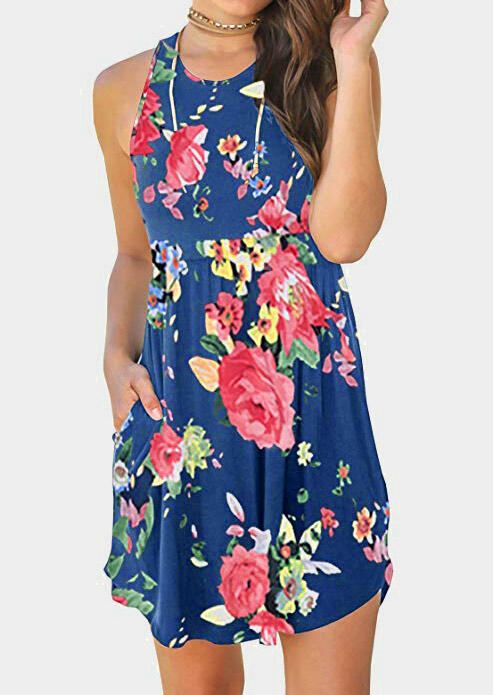 

Floral Pocket Sleeveless Mini Dress, Blue, 442006