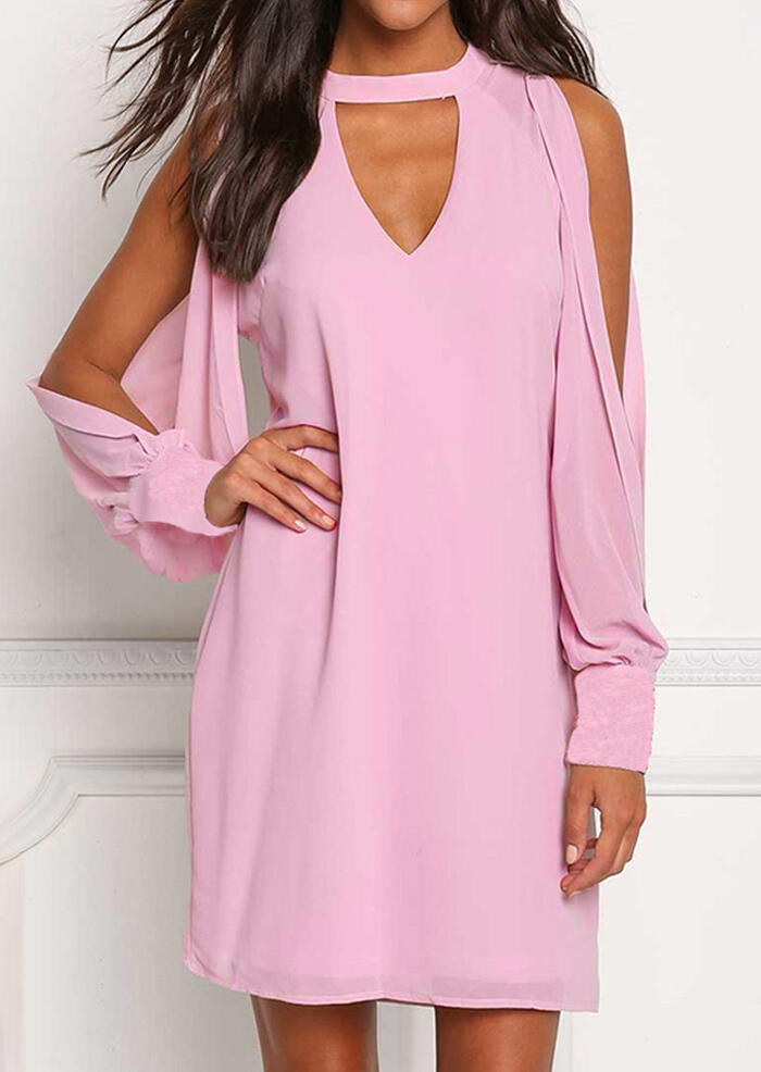

Solid Cold Shoulder Mini Dress, Pink, 442444