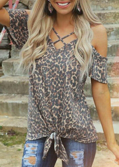 

Leopard Criss-Cross Cold Shoulder Blouse, 441416