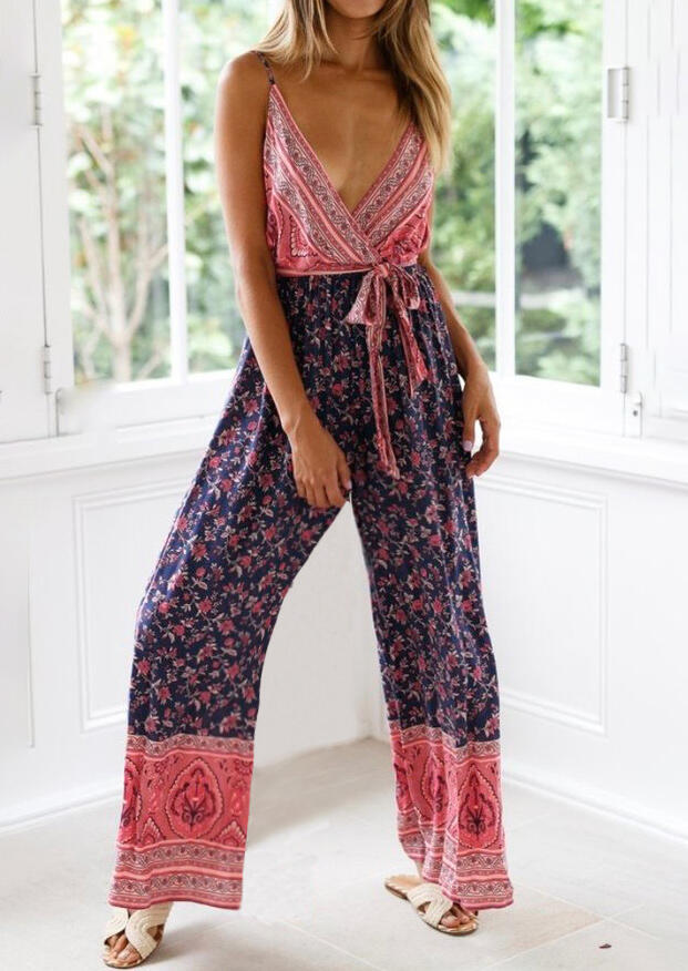 

Floral Deep V-Neck Jumpsuit, Multicolor, 442442