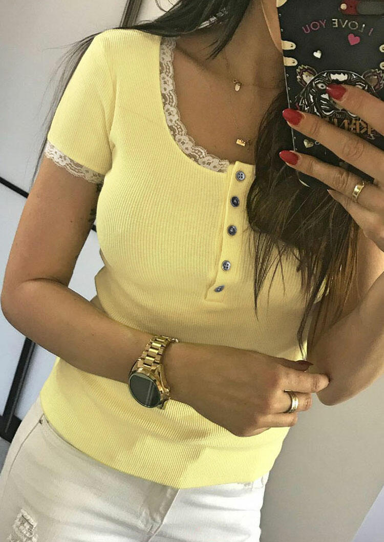 

Lace Splicing Button Blouse, Light yellow, 442448