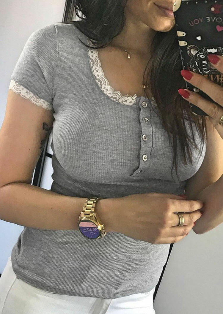 

Lace Splicing Button Blouse, Gray, 442449