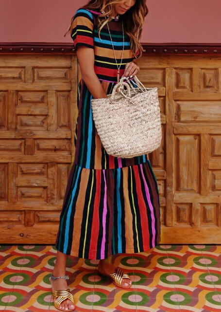 

Striped O-Neck Short Sleeve Ruffled Maxi Dress without Necklace, Stripe, 442525