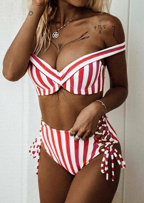 

Red and White Stripe High Waist Lace-Up Off The Shoulder Bikini Set