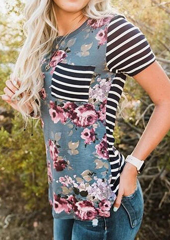 

Floral Striped Pocket T-Shirt Tee without Necklace, Light blue, 441603