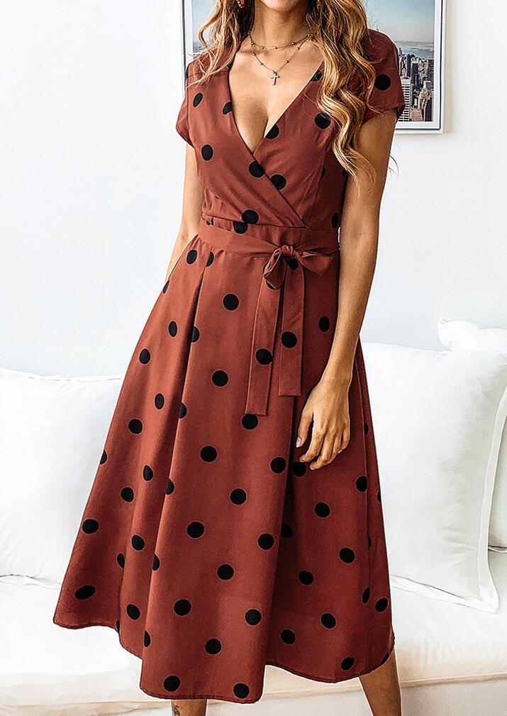 

Casual Dresses Polka Dot Wrap Casual Dress without Necklace in Brick Red. Size: ,XL