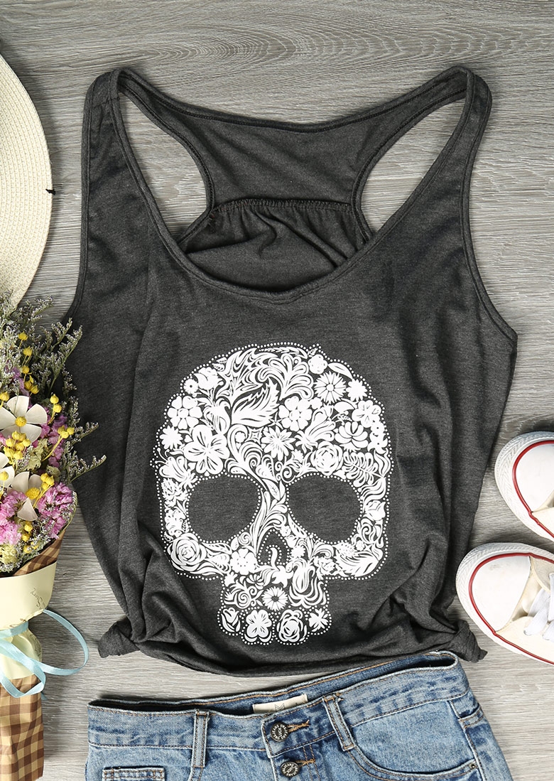 

Floral Skull O-Neck Tank, Dark grey, 111996