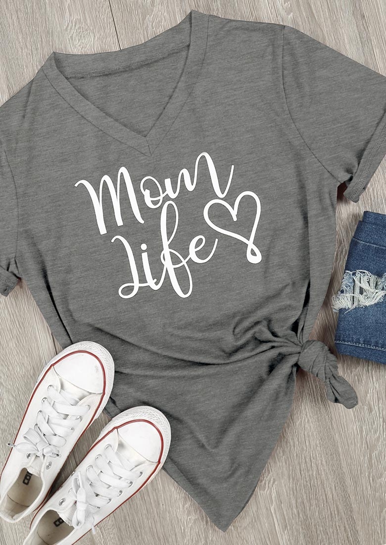 

Mom Life Heart V-Neck T-Shirt, Gray, 114653