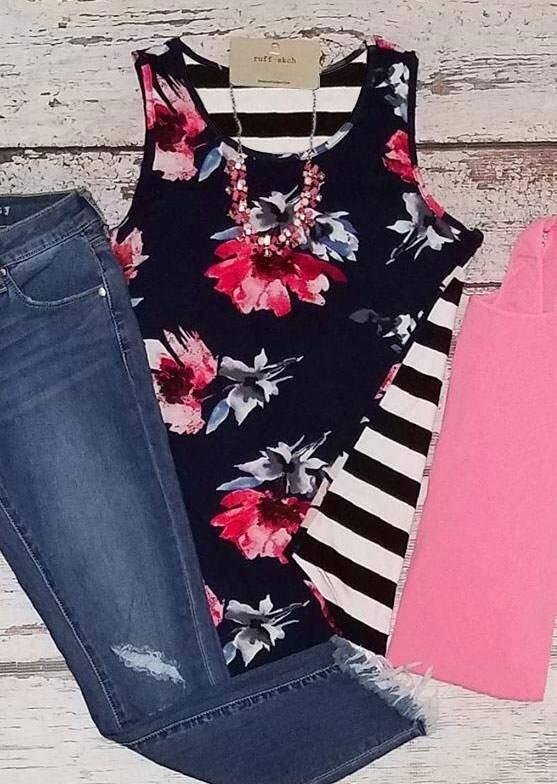 

Floral Printed Striped O-Neck Tank, 405351, Black