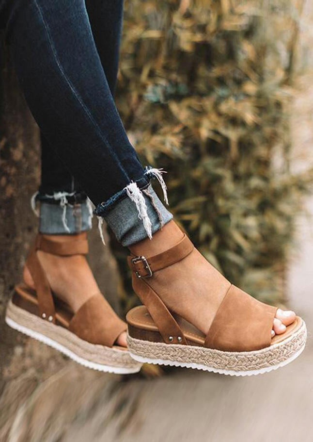 

Solid Ankle Strap Wedge Sandals, Light brown, 442813