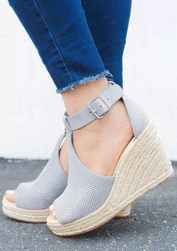 Solid Buckle Strap Peep Toe Wedge Sandals - Fairyseason