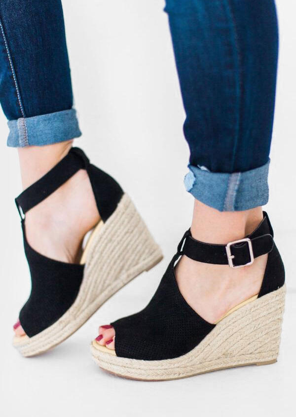 

Solid Buckle Strap Peep Toe Wedge Sandals, Black, 443032