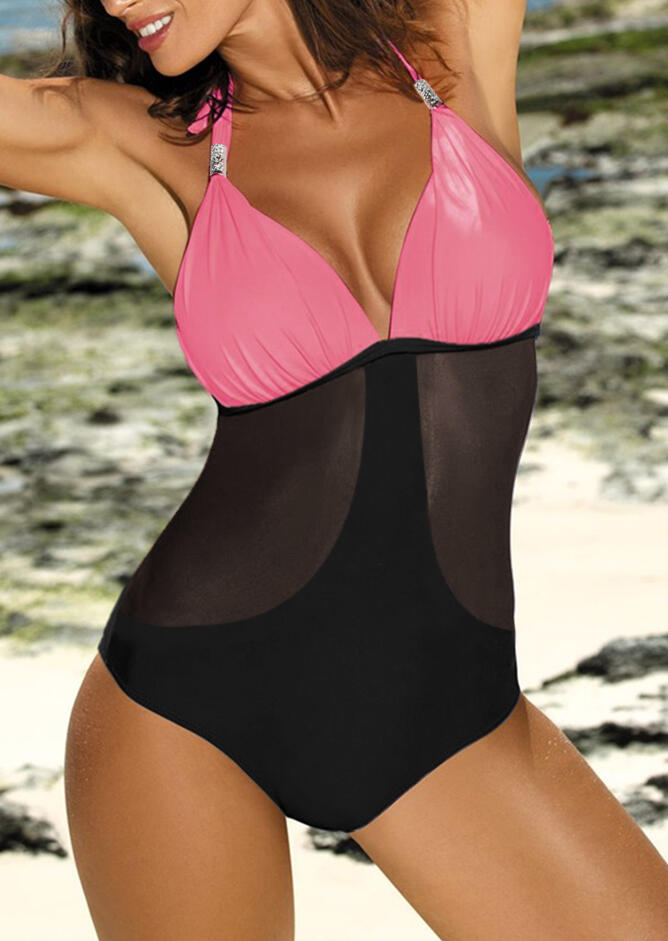 

Color Block Halter Swimsuit, Watermelon red, 443059
