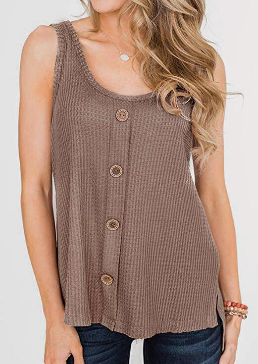 

Khaki Knitted Button Casual Sleeveless Tank Top for Women