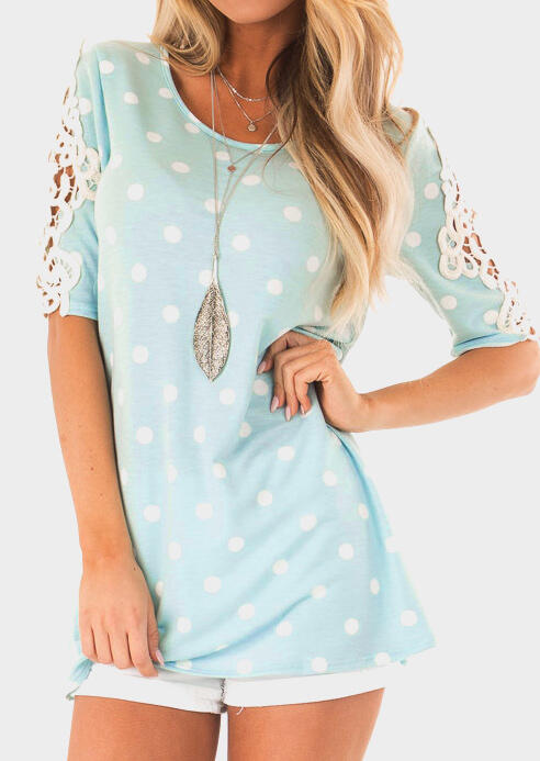 

Polka Dot Lace Splicing Blouse without Necklace, 443254, Sky blue
