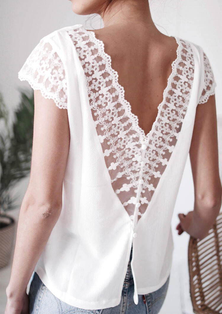 

Solid Lace Splicing Backless Blouse, White, 443345