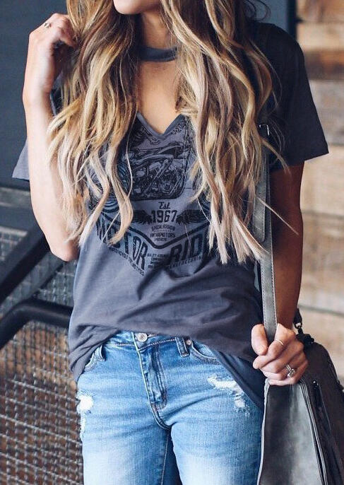 

Printed V-Neck Short Sleeve Blouse, Gray, 443353