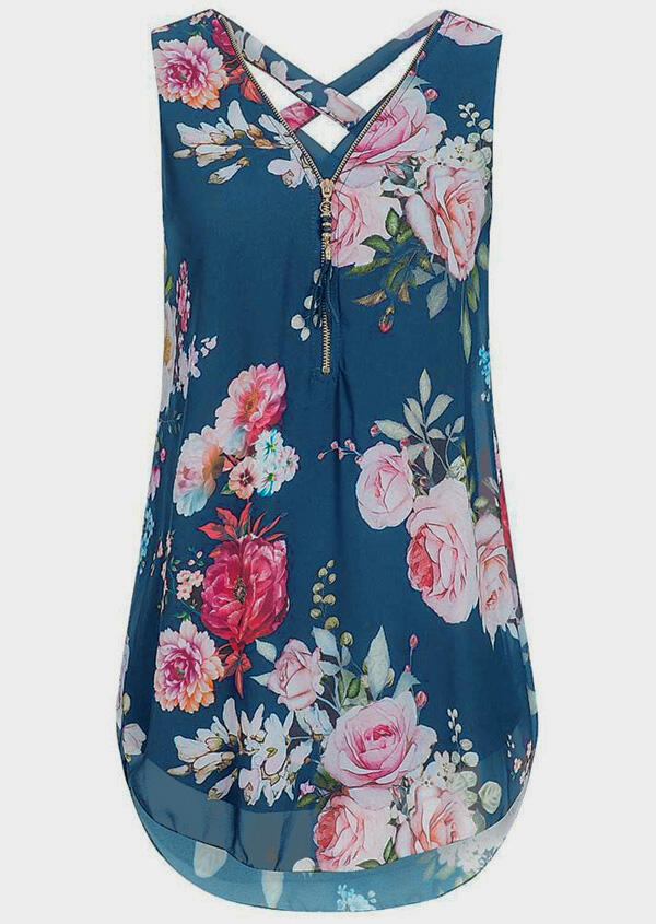

Tank Tops Floral Zipper Criss-Cross Tank in Burgundy,Navy Blue. Size: S
