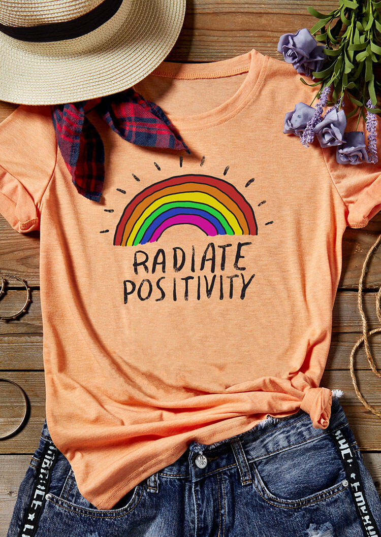 

Tees T-shirts Radiate Positivity Rainbow T-Shirt Tee in Orange. Size: S,M,,XL