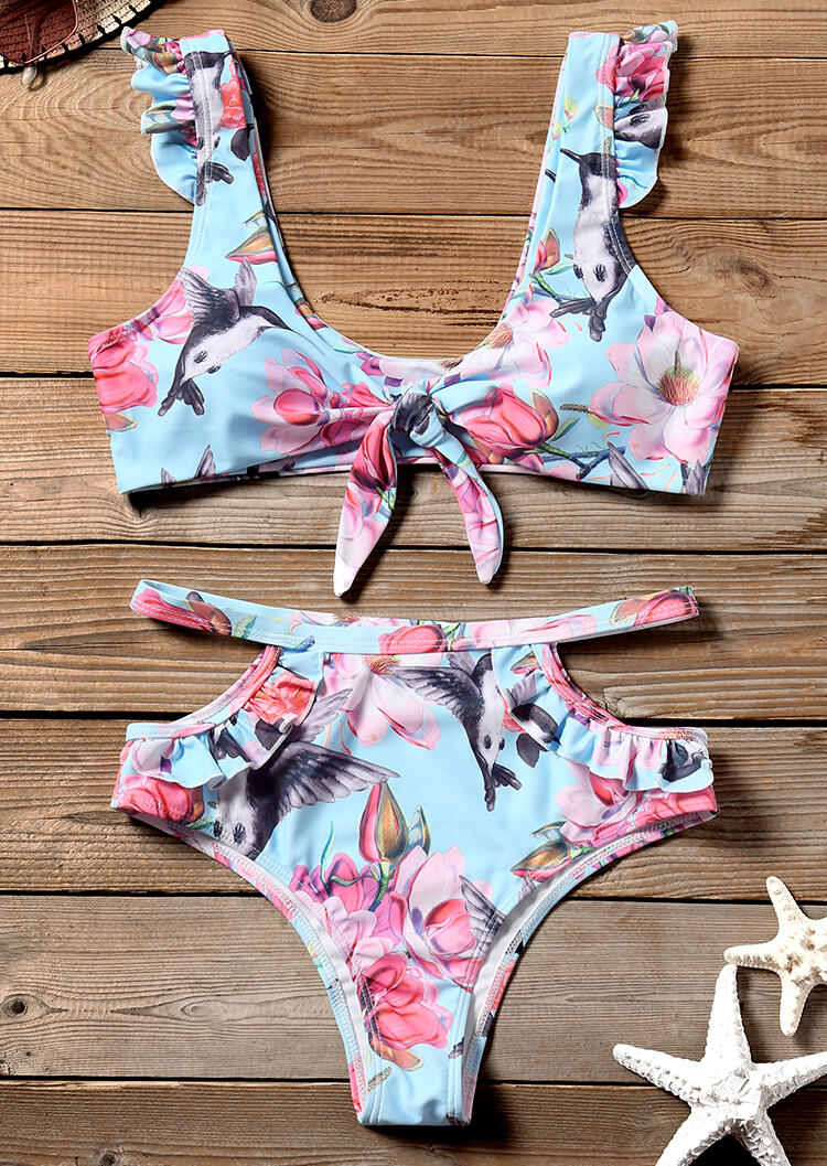 

Floral Tie Sexy Bikini Set, 443099, Lightblue