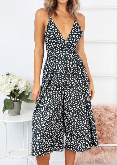 

Printed Deep V-Neck Jumpsuit without Necklace, Black, 443336
