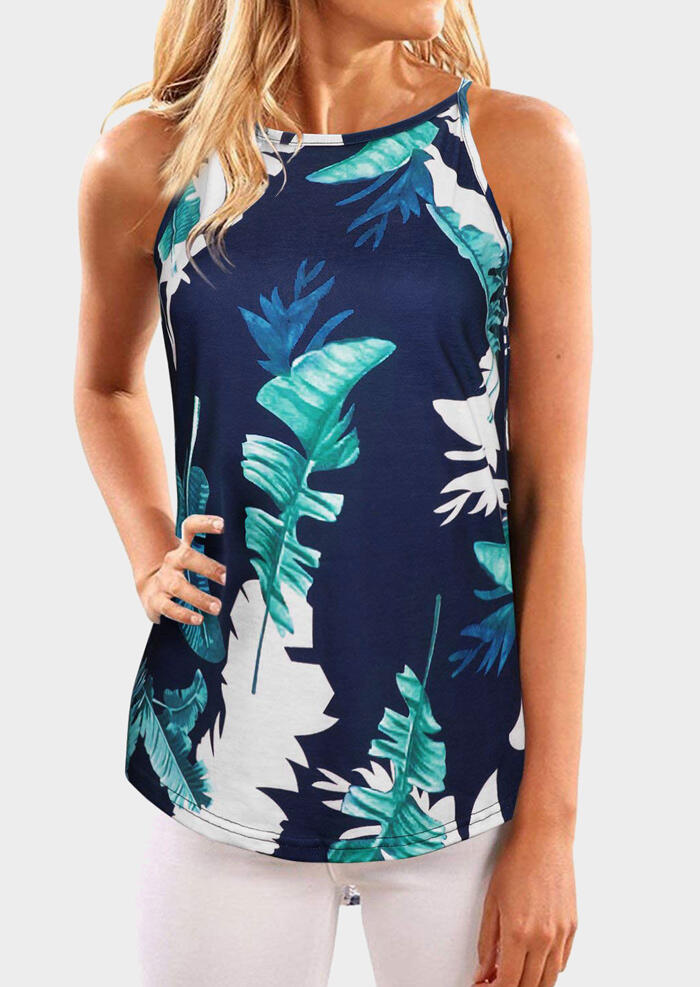 

Tank Tops Leaf Printed Casual Tank in Navy Blue. Size