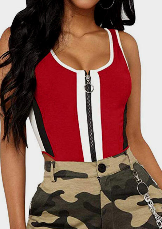 

Jumpsuits & Rompers Color Block Zipper Bodysuit in Red. Size