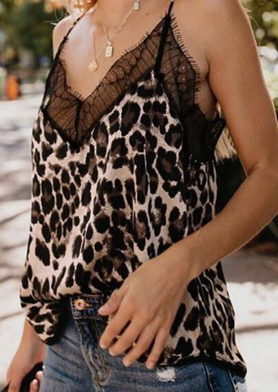 

Tank Tops Leopard Printed Lace Splicing Camisole without Necklace in Leopard. Size