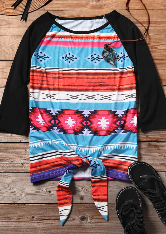 

Aztec Geometric Printed Splicing Tie Blouse, Cyan, 442510