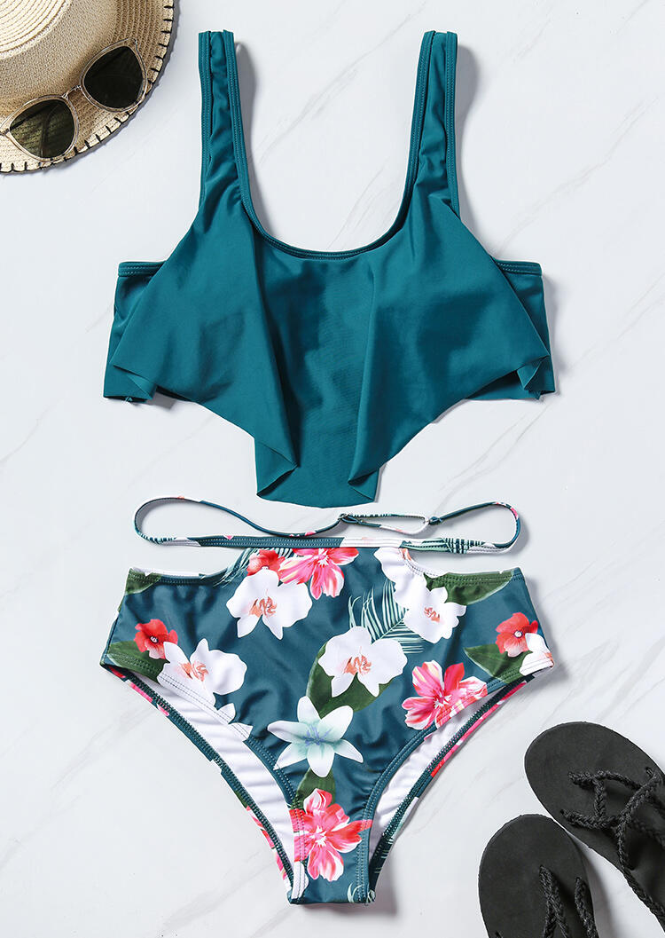 

Bikini Sets Floral Layered Bikini Set in Cyan. Size: ,XL