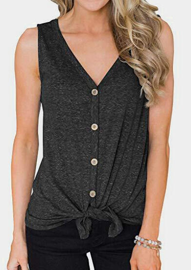 

Tank Tops Solid Button Tie V-Neck Tank in Dark Grey. Size: S,,XL