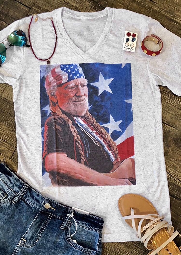 

American Flag Willie Nelson T-Shirt Tee - Light Grey, 443581